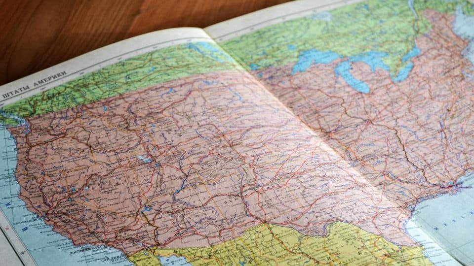 Road atlas opened to a map of the United States